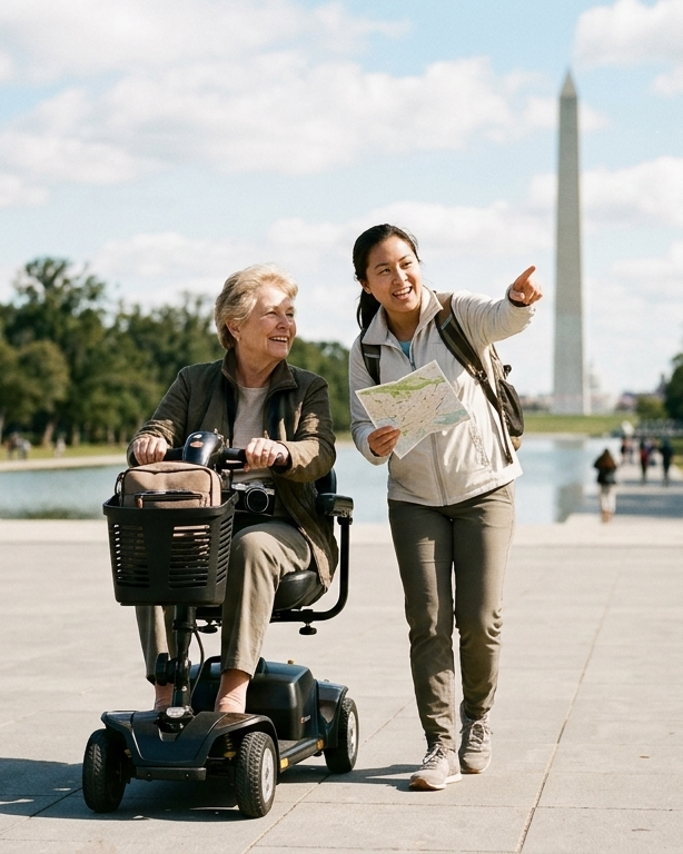 An older woman in a black mobility scooter and a younger woman holding a map walking together in a sunny outdoor park setting with the Washington Monument in the background.